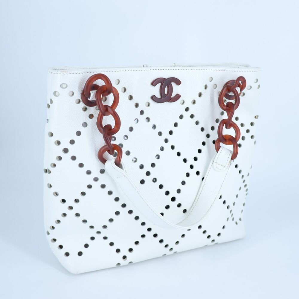 Chanel 2003 Perforated Caviar Leather Tote Bag White with Amber Chain y2k